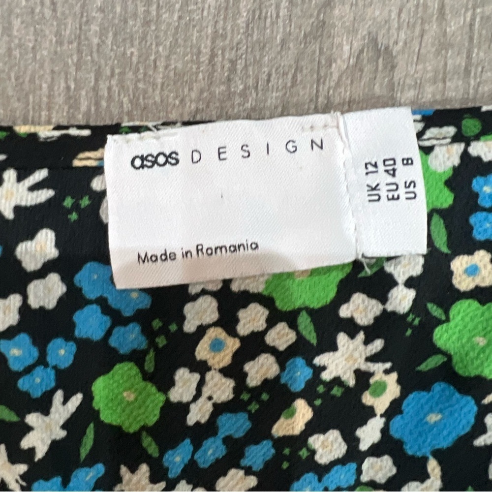 NWT ASOS Black Blue Green Floral Flutter Sleeve Midi Belted Dress Women’s US 8 - Picture 4 of 13